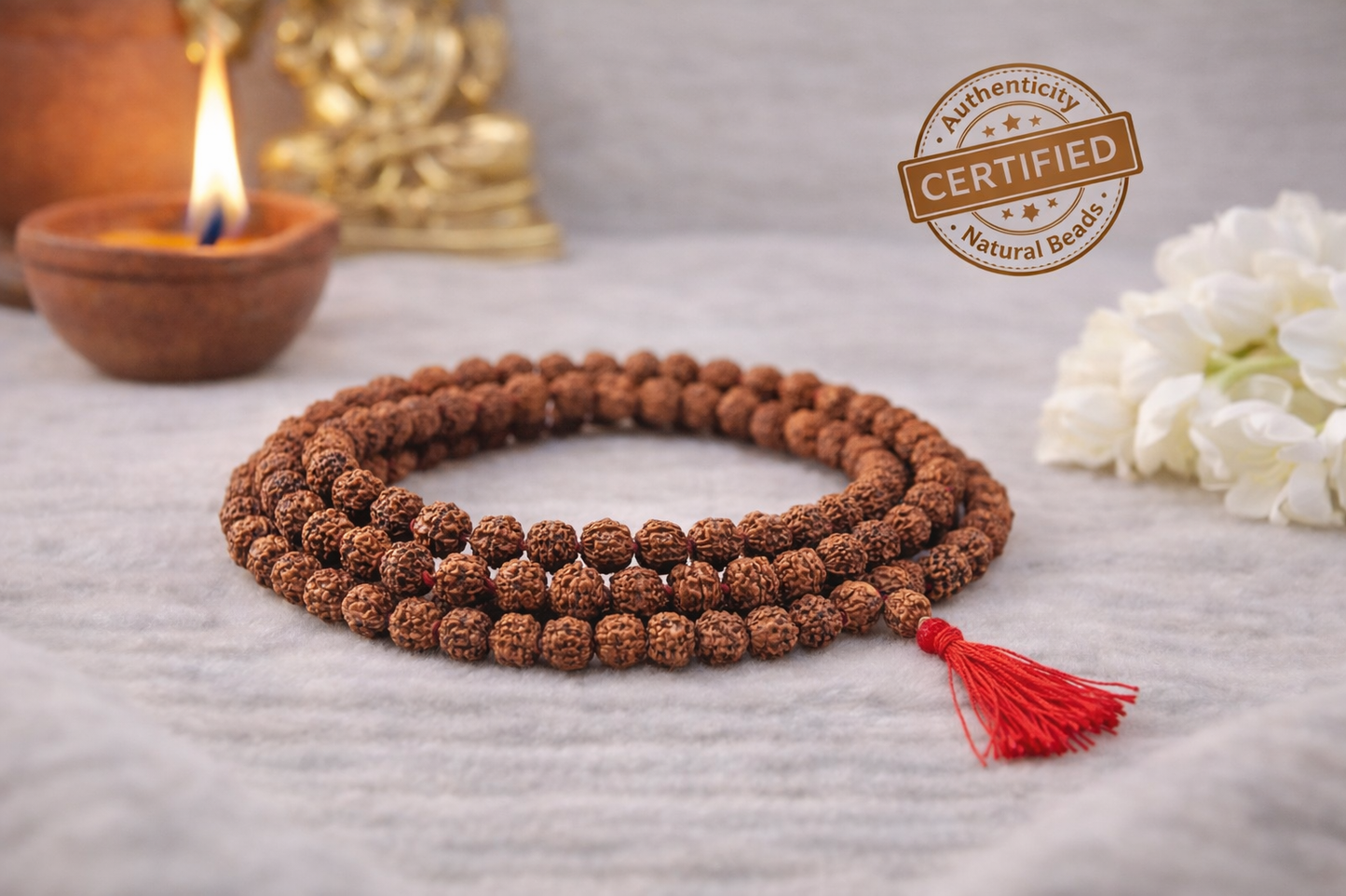 Indonesia 5 Mukhi Rudraksha Mala (108+1 Beads) - Lab Certified