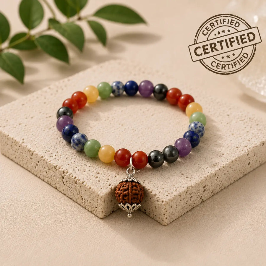 7 Chakra Healing Bracelet + 5 Mukhi Rudraksha Pendant Combo | Lab-Certified
