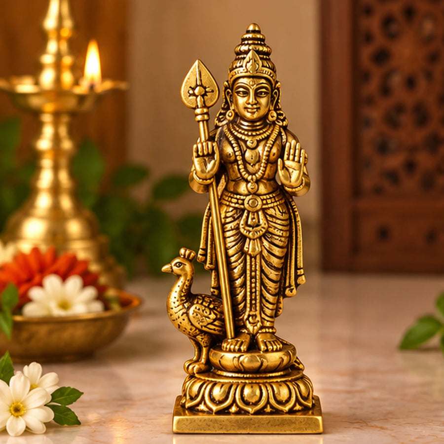 Brass Murugan Kartikeya Idol with Peacock - 3.9 Inch