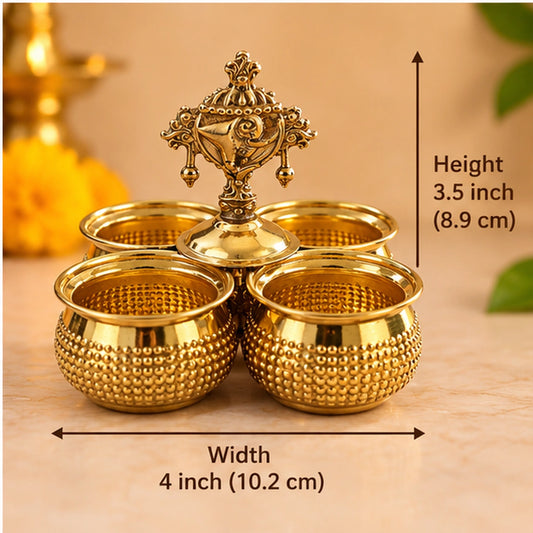 Brass Shankh Chakra 4-Cup Haldi Kumkum Holder - 3.5 Inch