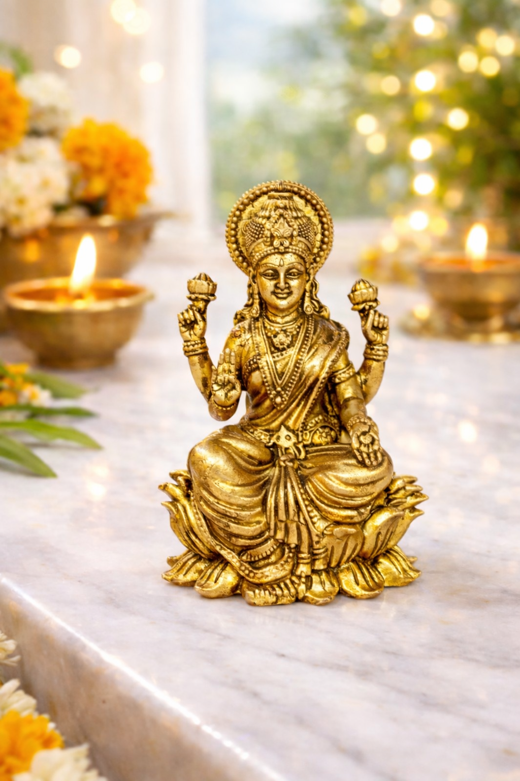 Brass Laxmi Idol – Goddess of Wealth & Prosperity (3 Inch, Medium Size)