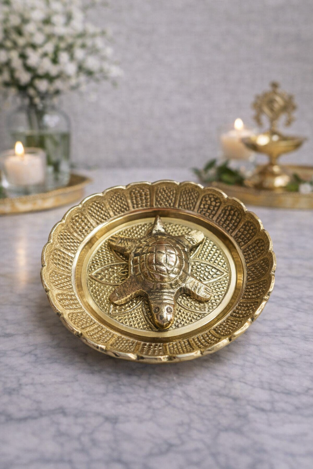Brass Vastu Feng Shui Tortoise with Fancy Plate - 105mm Diameter