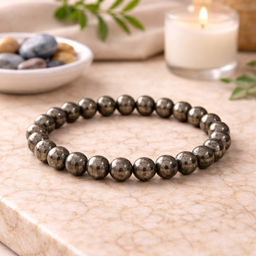 Certified Golden Pyrite Bracelet with Selenite Charging Plate – Wealth & Protection Set
