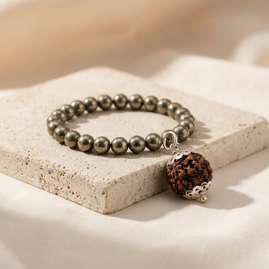 Golden Pyrite Bracelet + Rudraksha Pendant Combo | Lab-Certified