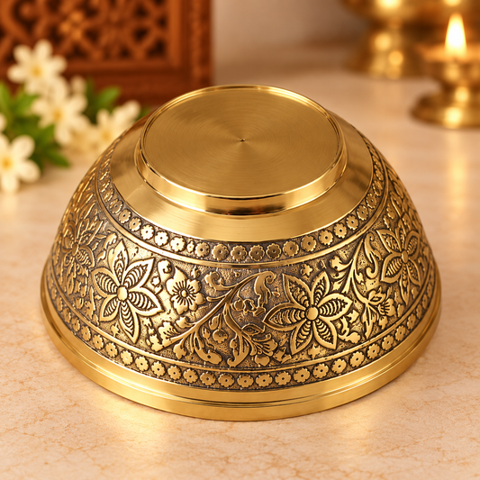 Handcrafted Brass Embossed Floral Bowl - 5.2 Inch