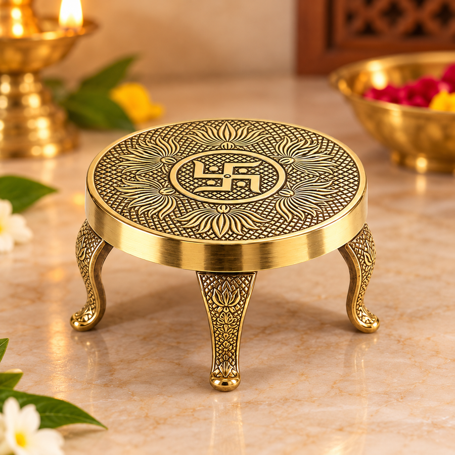 Brass Swastik Chowki Mukali Stand for Diya and Idols - 3.7 Inch