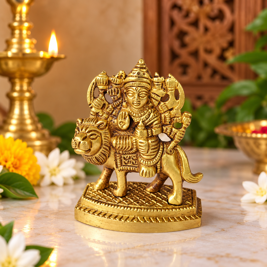 Pure Brass Durga Maa Idol with Lion - 2.8 Inch