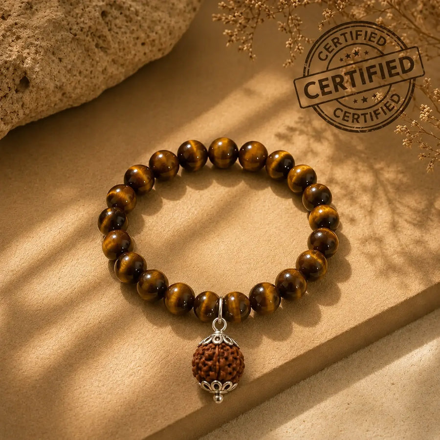 Tiger Eye Bracelet + 5 Mukhi Rudraksha Pendant Combo | Lab-Certified