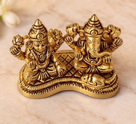 Traditional Brass Lakshmi Ganesh Pair Idol - 2 Inch