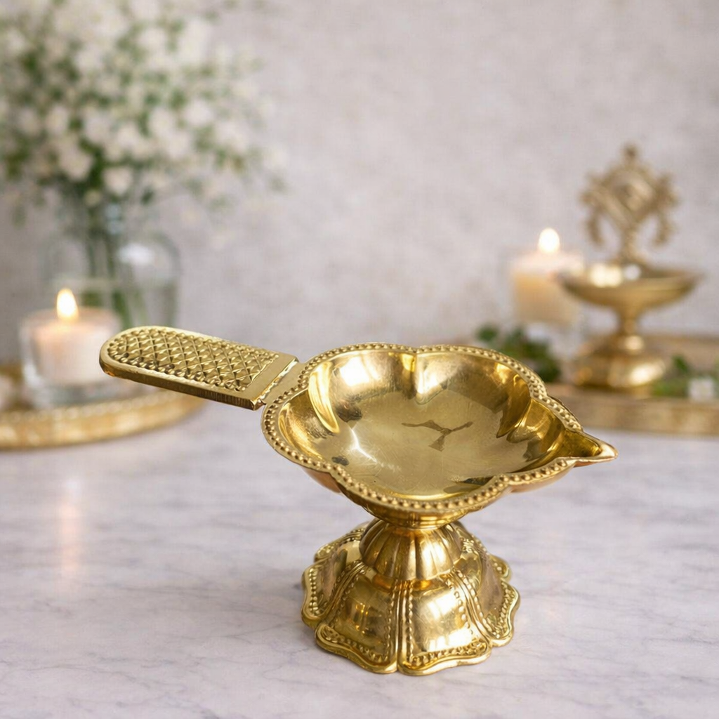Brass Lakshmi Aarti Diya with Handle - Traditional Handheld Puja Lamp
