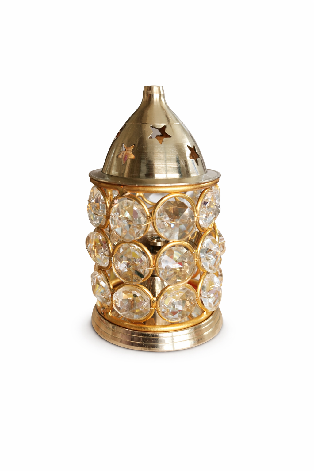 Brass Akhand Diya with Crystal Glass Cover & Lid - 100mm