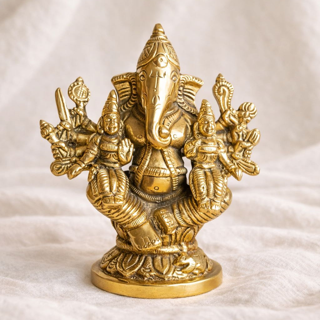 Brass Riddhi Siddhi Ganesh Idol – 4.4 Inch with Consorts (Lakshmi Ganesh / Ganesh with Riddhi Siddhi)