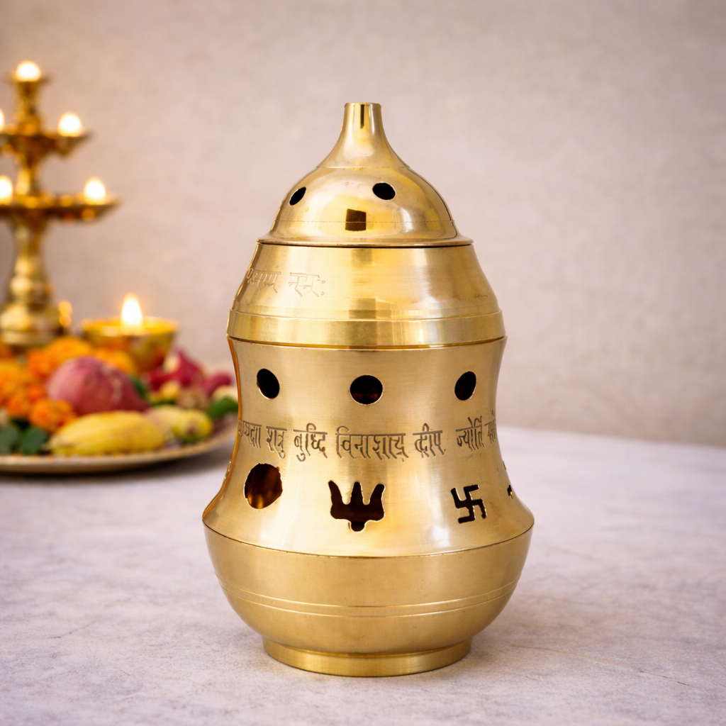 Brass Kapoor Dani with Diya and Night Lamp – 16.5 cm Camphor Burner for Aarti and Vastu Pooja