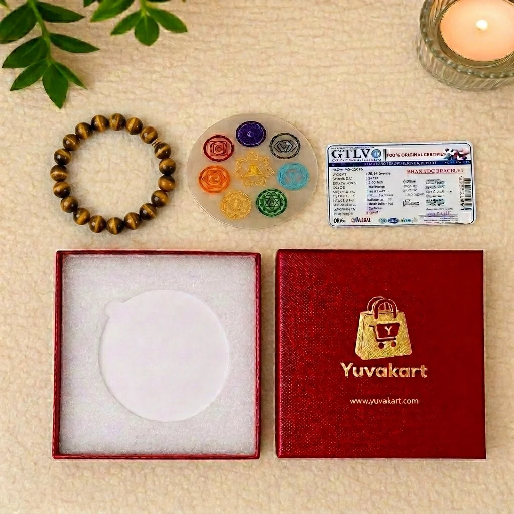 Tiger eye bracelet with golden brown beads, certificate card and selenite plate