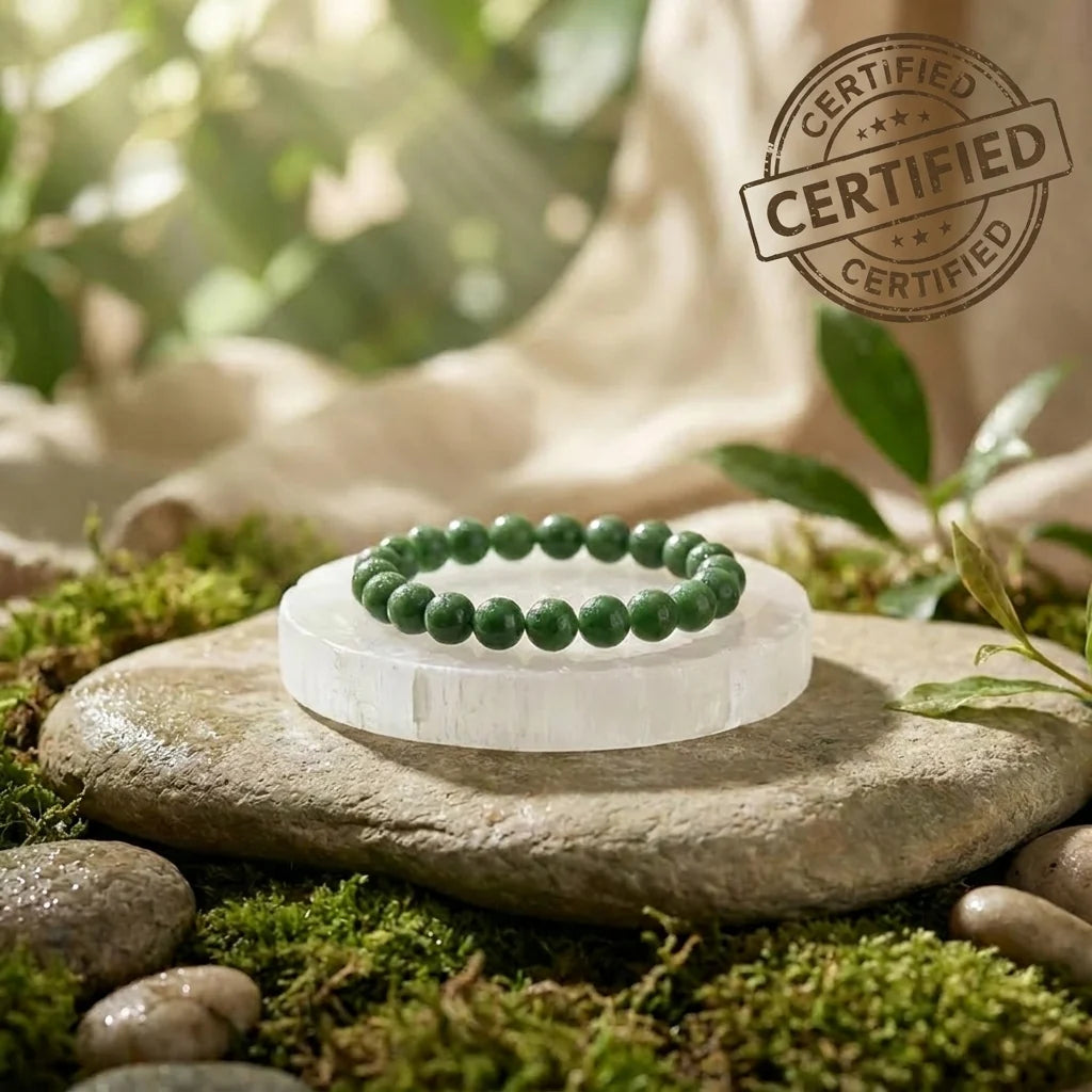 Green jade bracelet with selenite plate showing green jade bracelet benefits for luck