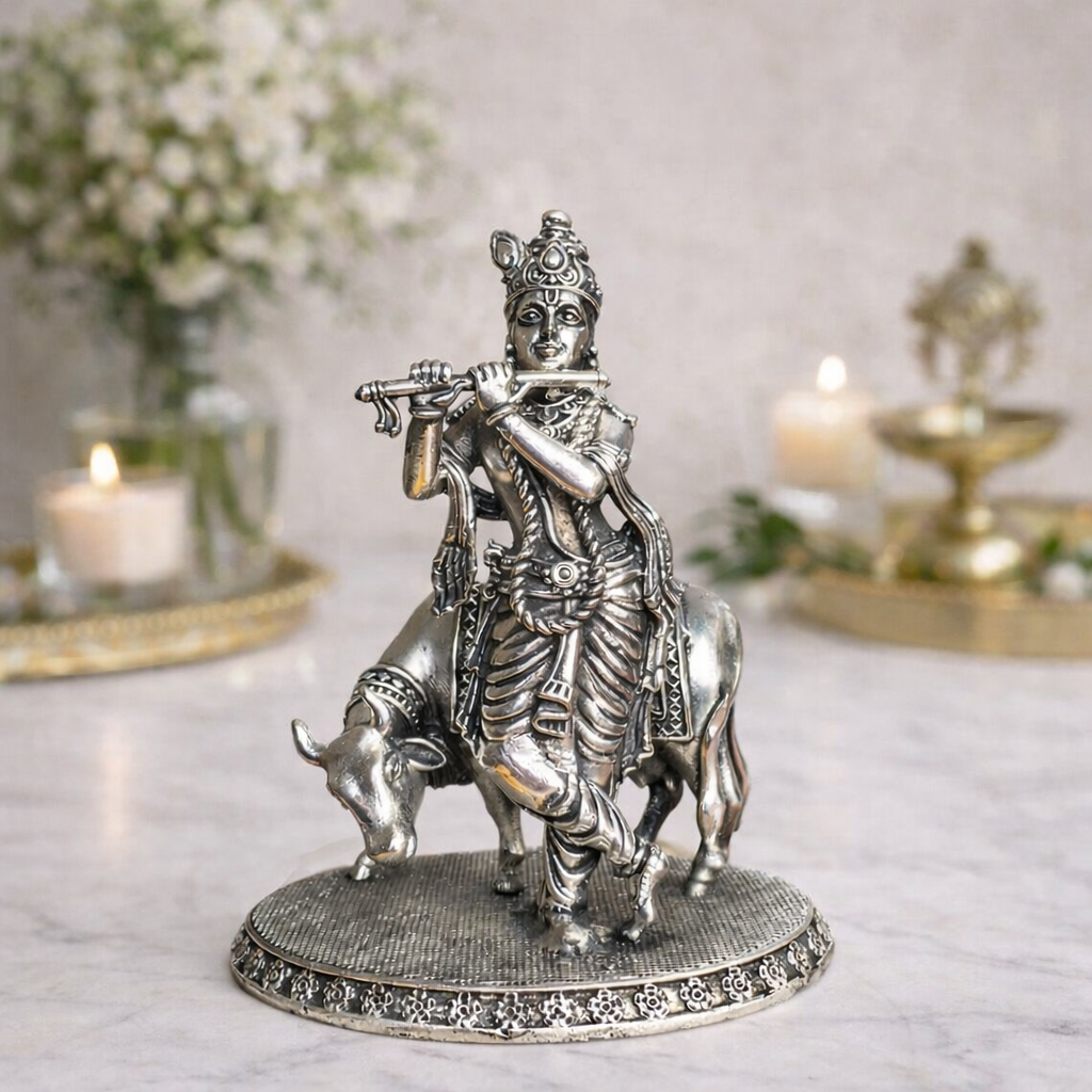 Brass Krishna idol with divine cow a meaningful spiritual gift for Fathers Day