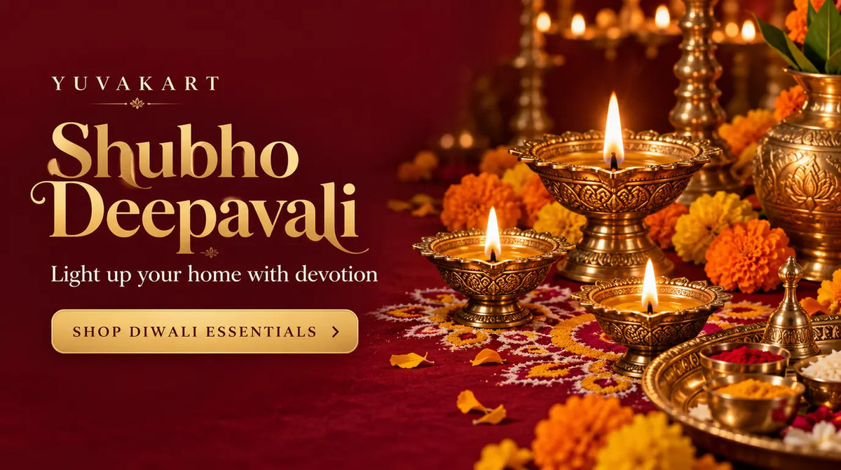 Yuvakart Diwali banner with glowing brass diyas, marigolds and Shubho Deepavali greeting