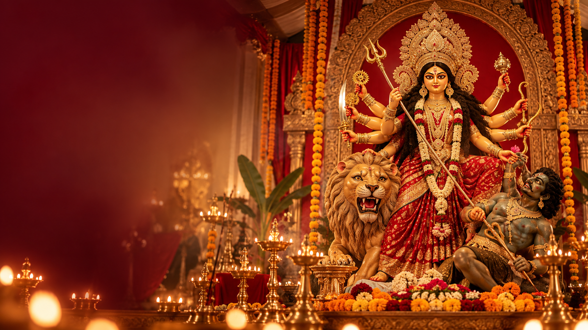 Maa Durga with traditional puja lamps and marigolds