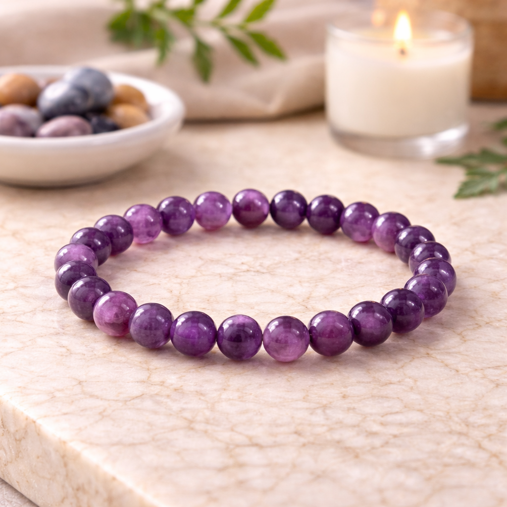 Lab-Certified Amethyst Bracelet with Selenite Charging Plate – Peace & Intuition Set