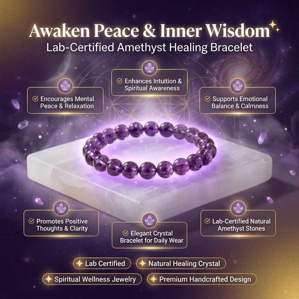 lab certified amethyst healing bracelet, awaken peace and inner wisdom