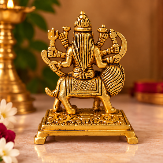 Brass Durga Ji Idol on Lion - 3.6 Inch