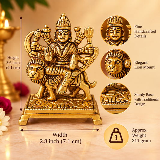 Brass Durga Ji Idol on Lion - 3.6 Inch