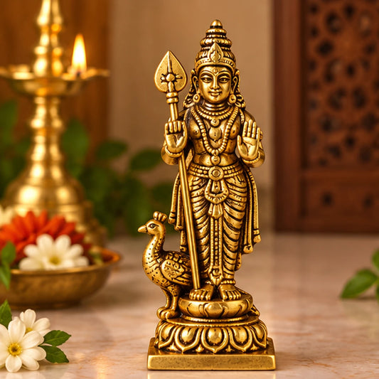 Brass Murugan Kartikeya Idol with Peacock - 3.9 Inch