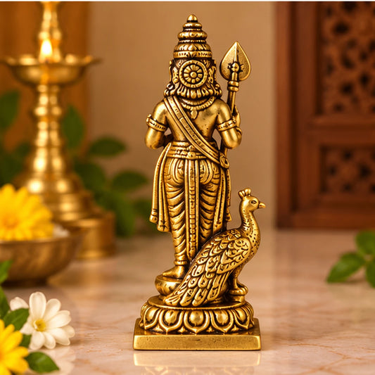 Brass Murugan Kartikeya Idol with Peacock - 3.9 Inch