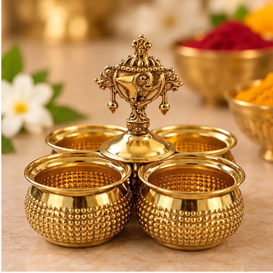 Brass Shankh Chakra 4-Cup Haldi Kumkum Holder - 3.5 Inch