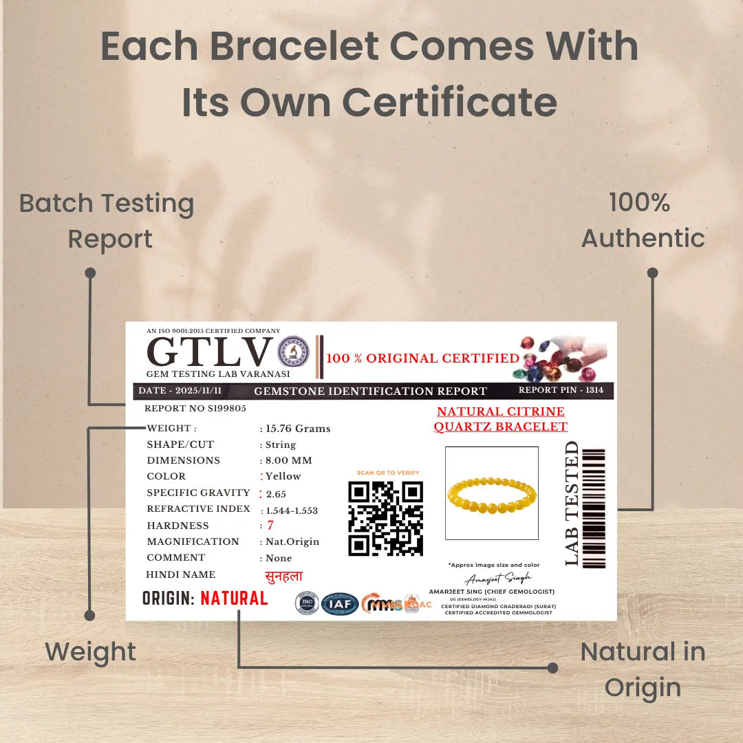 Citrine Bracelet Lab Certifcate