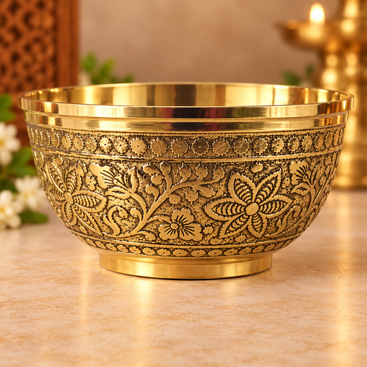 Handcrafted Brass Embossed Floral Bowl - 5.2 Inch