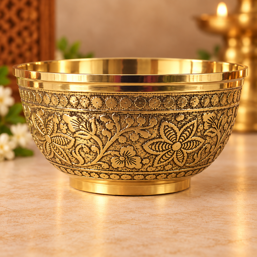 Handcrafted Brass Embossed Floral Bowl - 5.2 Inch