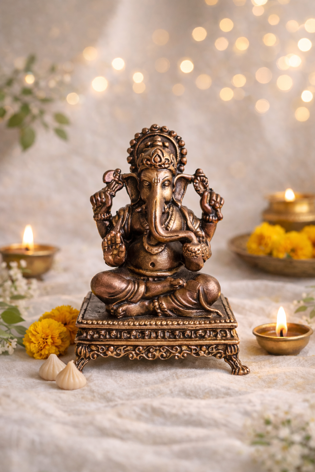 Handmade Copper Ganesha Idol - 70mm Patina Antique Finish