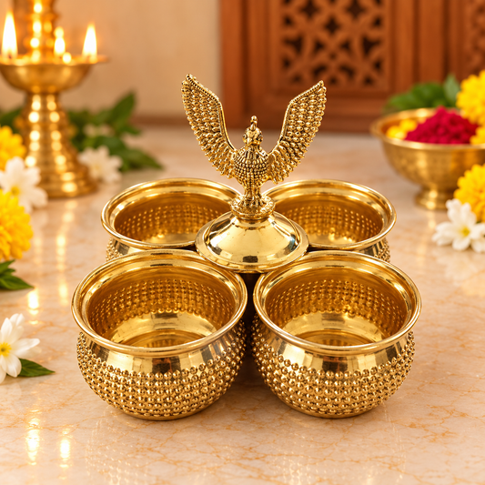 Brass Garuda 4-Cup Haldi Kumkum Holder - 3 Inch