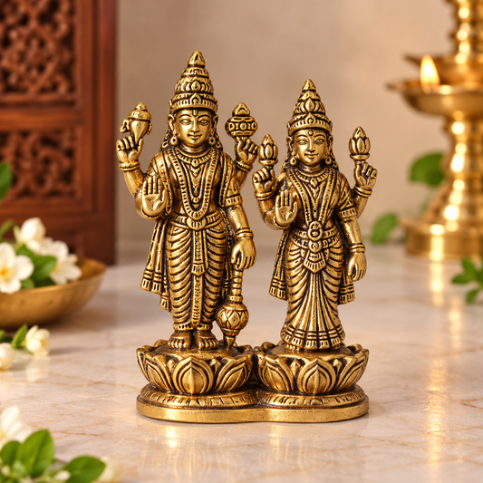 Pure Brass Lakshmi Narayan Standing Idol on Lotus - 3.3 Inch