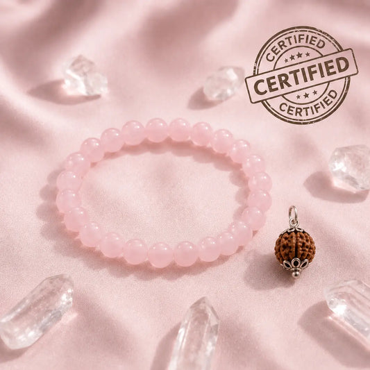 Pink beaded bracelet with a leopard print charm on a pink fabric background with 'CERTIFIED' stamp.