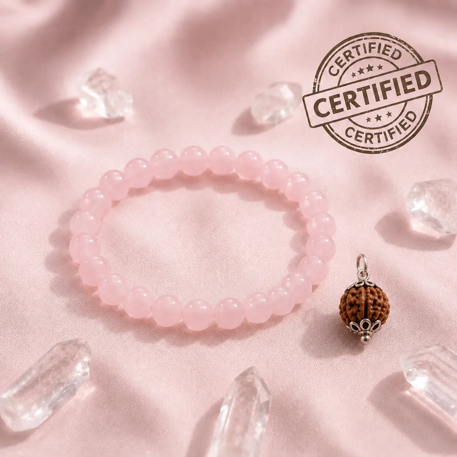 Rose Quartz Love Bracelet + 5 Mukhi Rudraksha Pendant Combo | Lab-Certified
