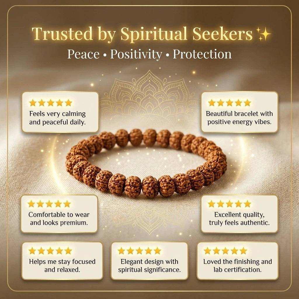 5 mukhi rudrakhsha bracelet trusted by spiritual seekers, peace, positivity, protection.