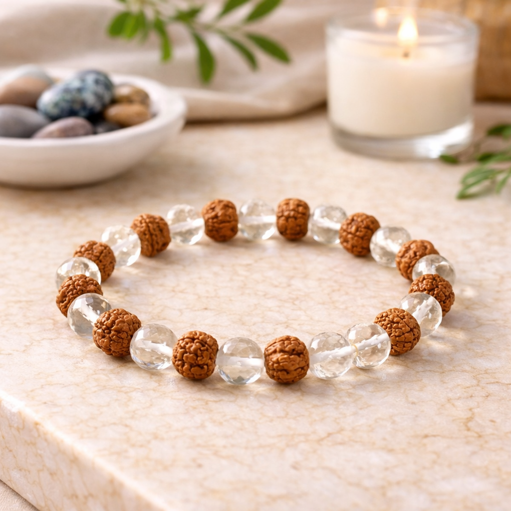 Yuvakart Certified Spathik Rudraksha Bracelet with Selenite Charging Plate – Harmony & Peace Set