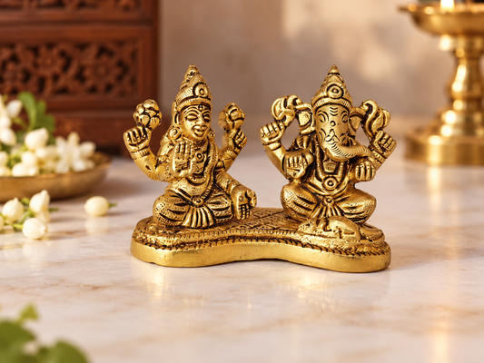 Traditional Brass Lakshmi Ganesh Pair Idol - 2 Inch