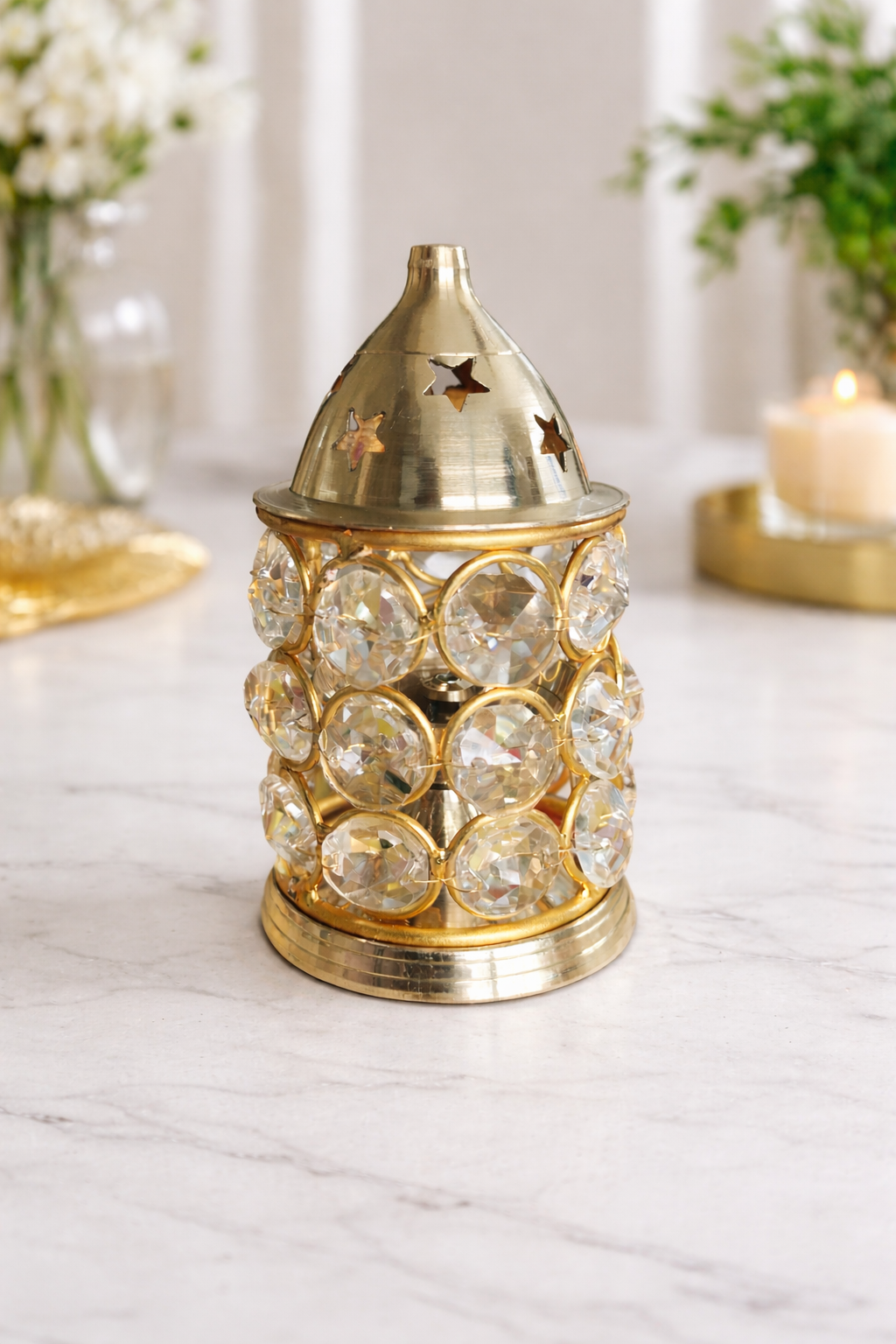 Brass Akhand Diya with Crystal Glass Cover & Lid - 100mm