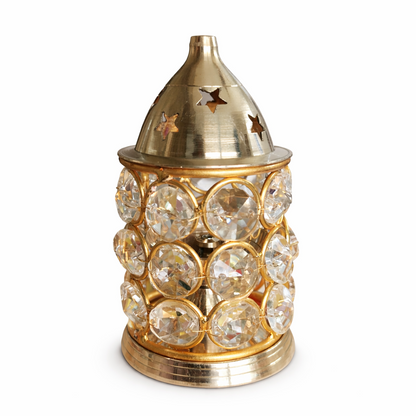 Brass Akhand Diya with Crystal Glass Cover – 100mm (Windproof Continuous Flame Lamp)