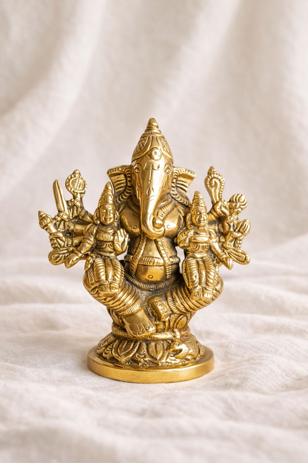 Brass Riddhi Siddhi Ganesh Idol 4.4" - Complete Prosperity & Wisdom
