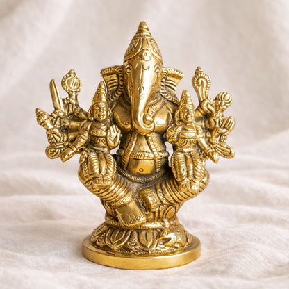 Brass Riddhi Siddhi Ganesh Idol – 4.4 Inch with Consorts (Lakshmi Ganesh / Ganesh with Riddhi Siddhi)