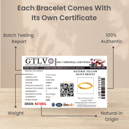 Yellow Agate Bracelet Lab Certificate