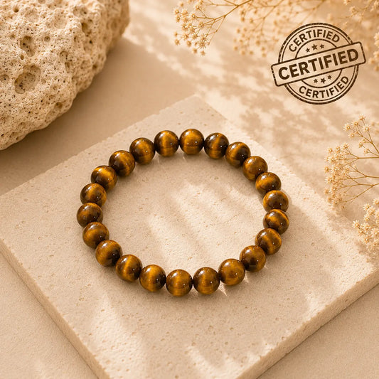 Tiger's eye beaded bracelet on a stone surface with a 'Certified' stamp.