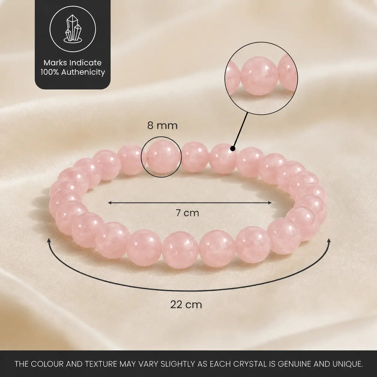 image showing rose quartz bracelet dimensions
