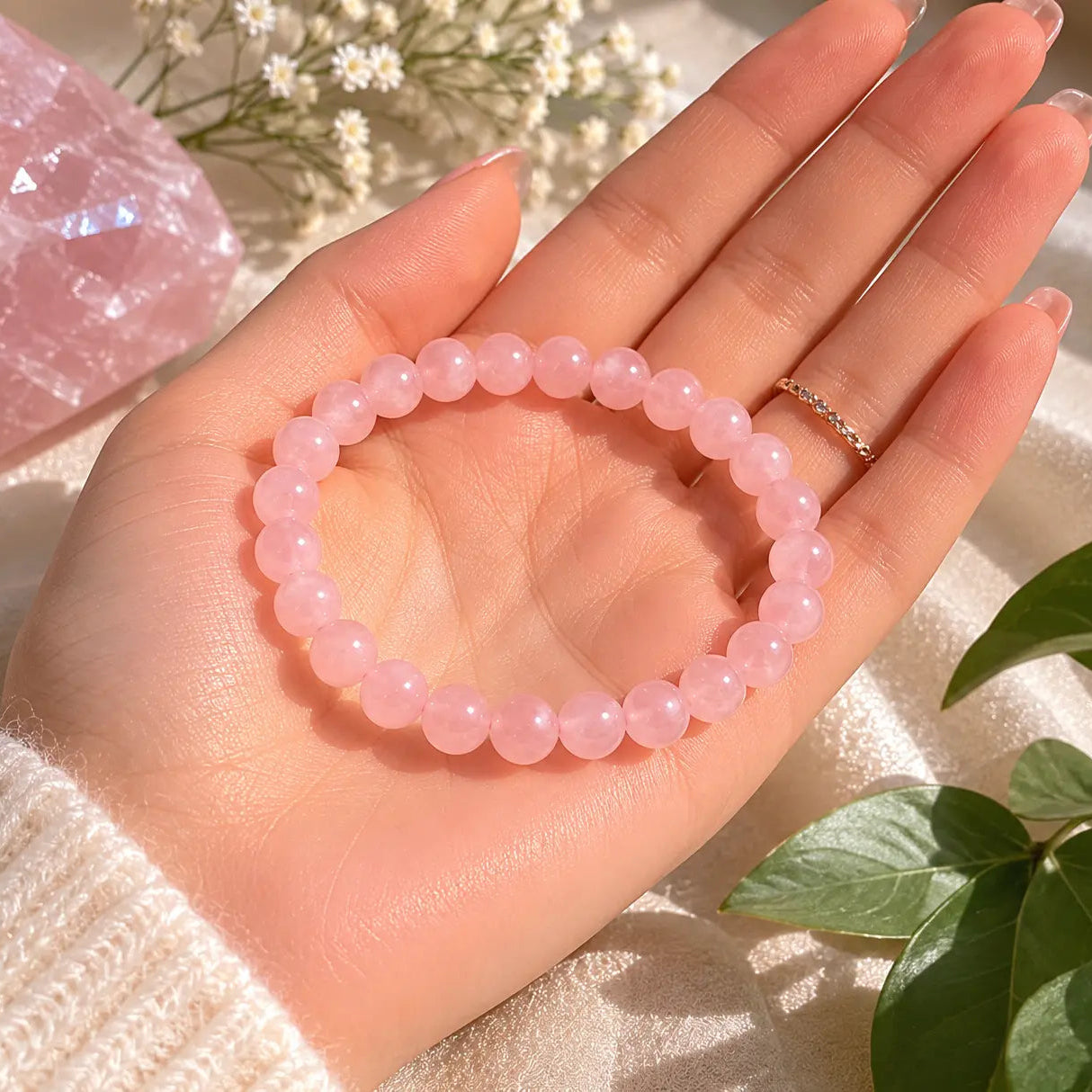 rose quartz bracelet placed on the hand