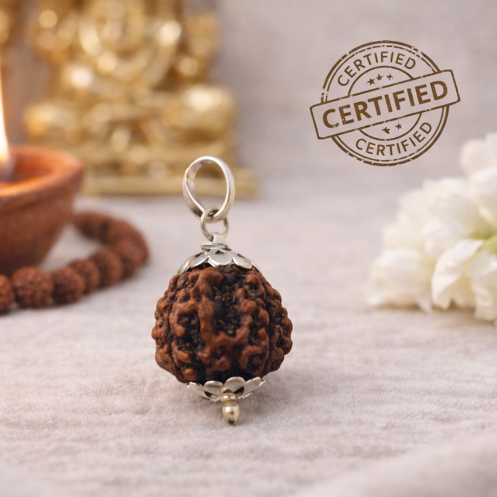 4 Mukhi Rudraksha Pendant Brahma Rudraksha with Lab Certificate German Silver Capping