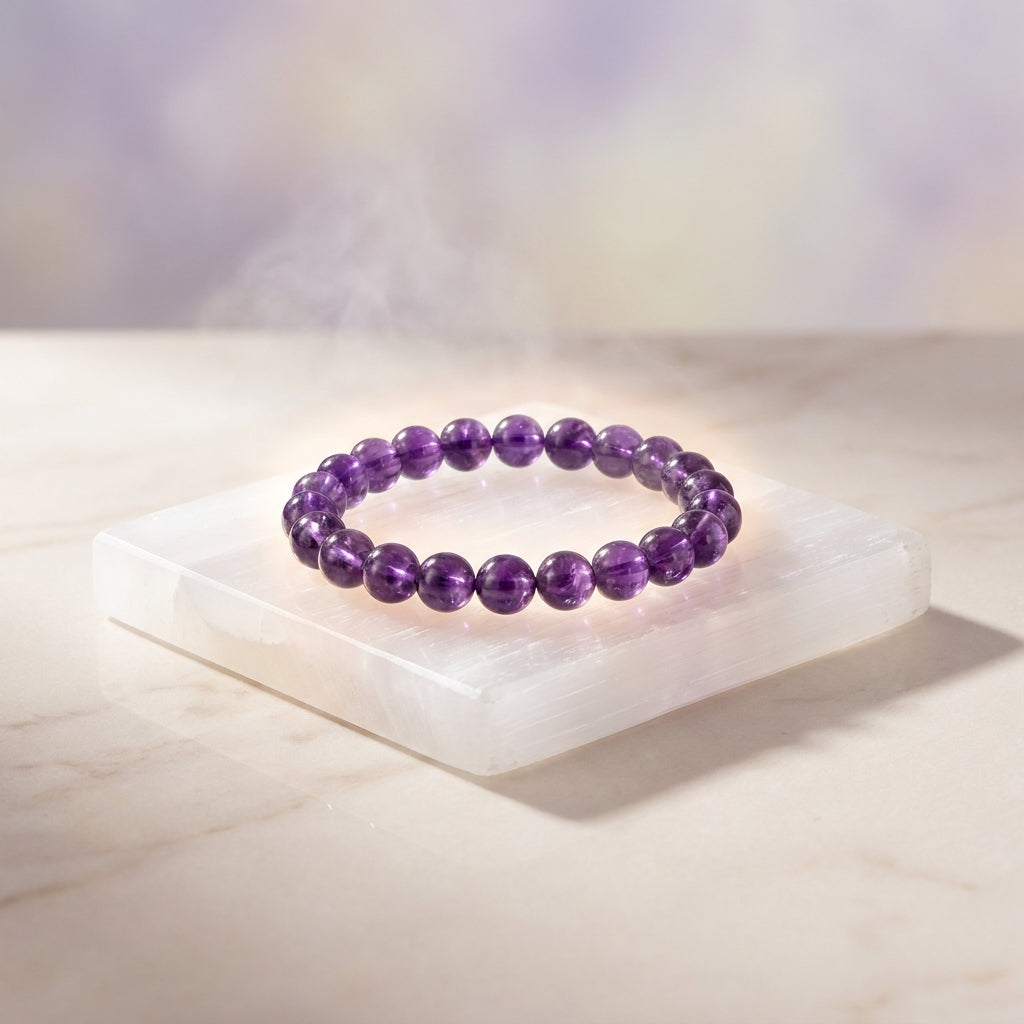 Lab-Certified Amethyst Bracelet with Selenite Charging Plate – Peace and Intuition Crystal Set